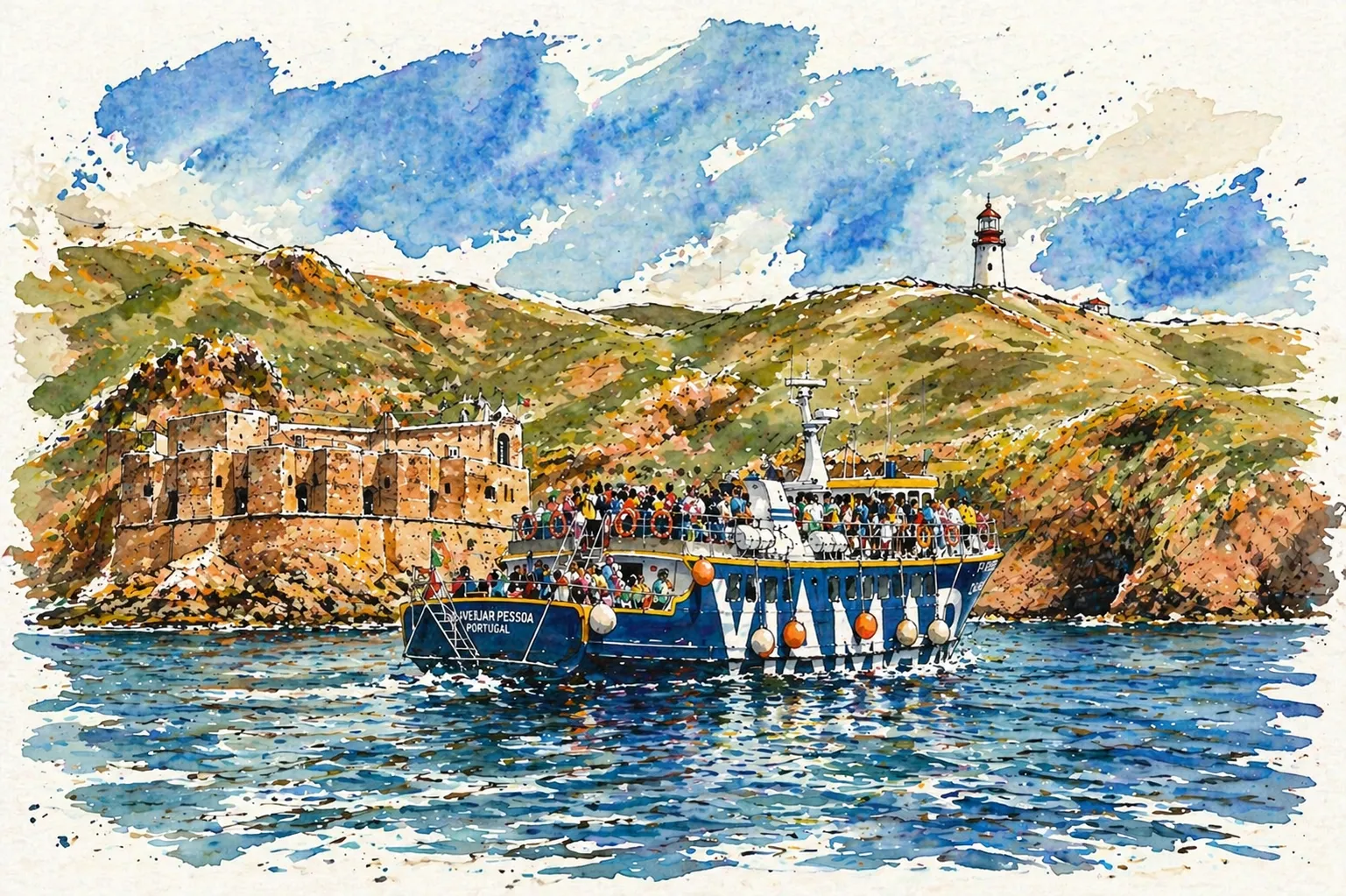 Ferry Viamar a chegar à Ilha da Berlenga em aguarela