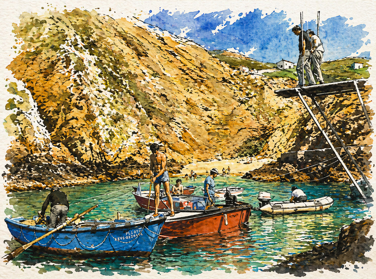 Cais da Ilha da Berlenga com barcos em aguarela